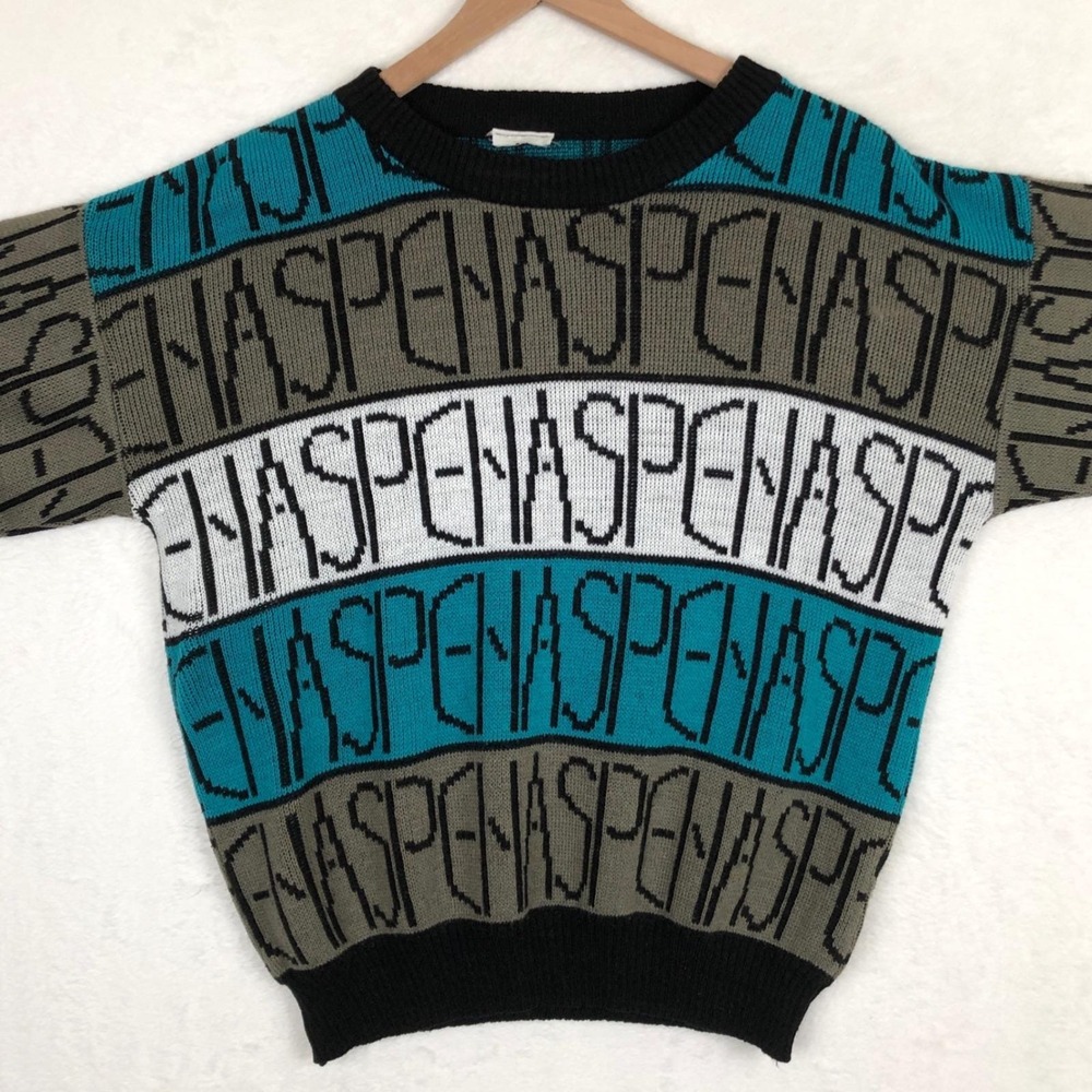 VTG 80s ASPEN Spellout Graphic Knit Sweater Unisex Sz M Teal Gray White Black - Picture 2 of 8